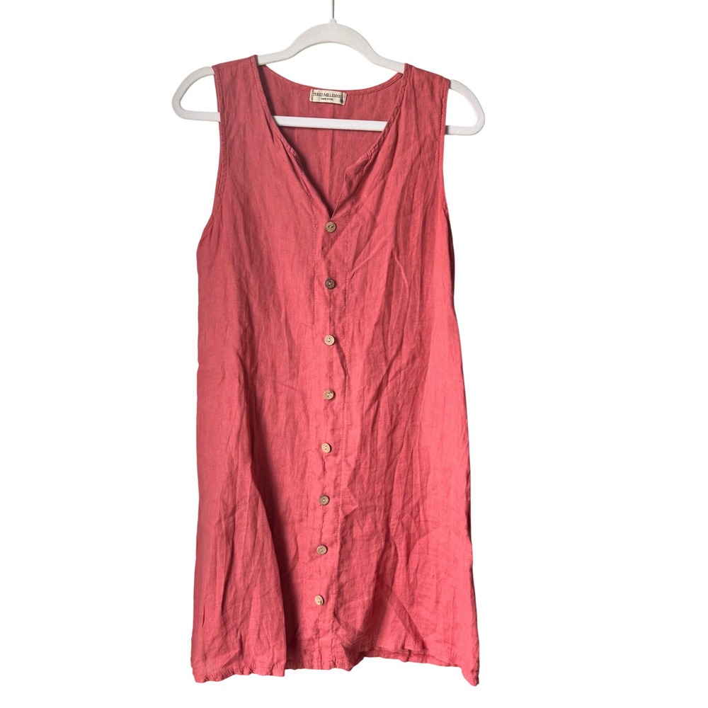 Terzo Millennio Italy 100% Linen Midi Dress Sleeveless V-Neck Rose Pink Buttons